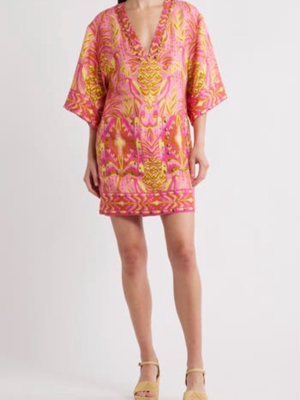 FARM Rio Pineapple Tapestry Studded Linen Tunic Mini Dress Pink Boho Resort - Picture 2 of 9